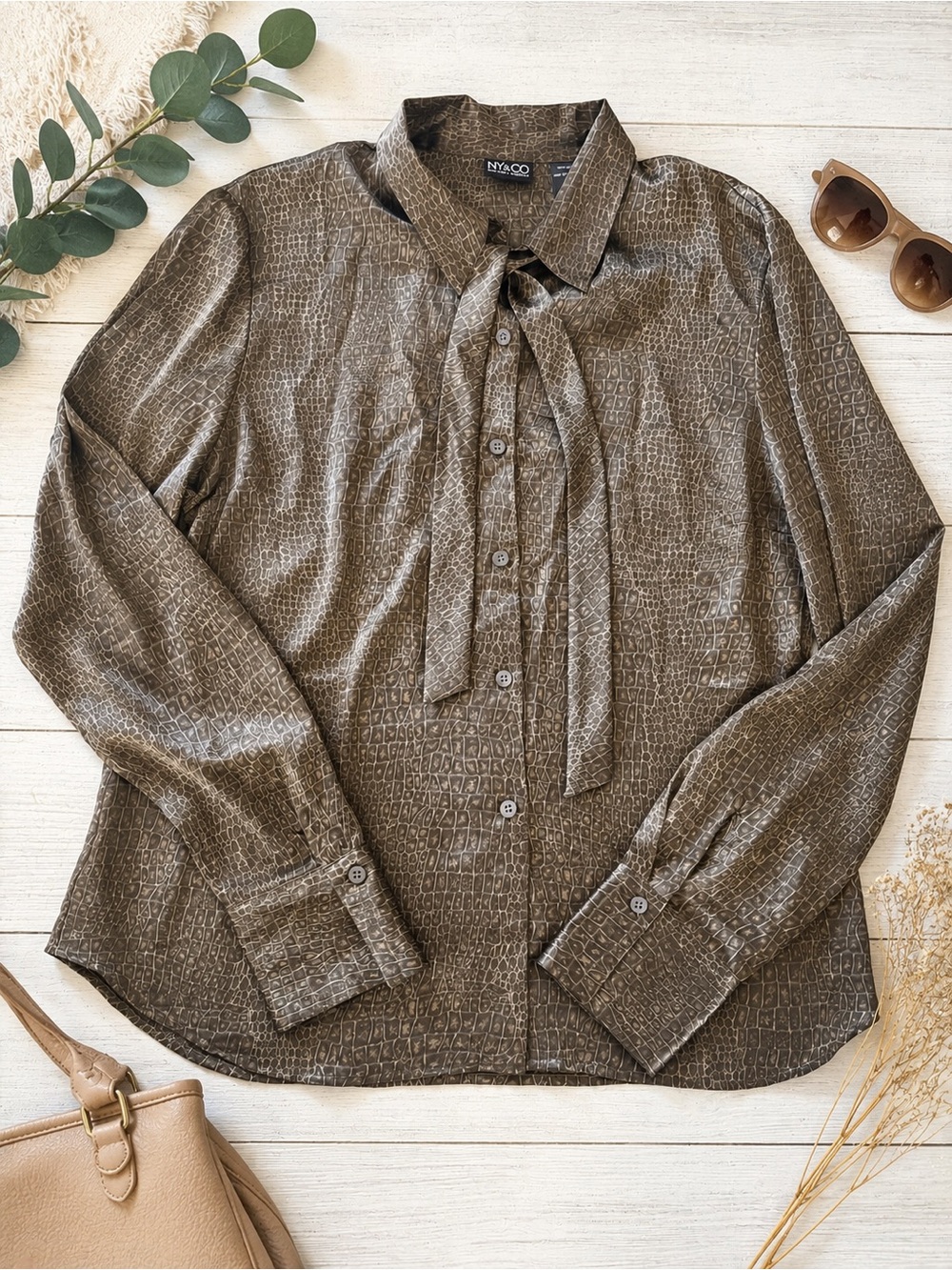 NY & Co 100% Silk Croc Print Tie Neck Blouse | Size XL | Brown Animal Print